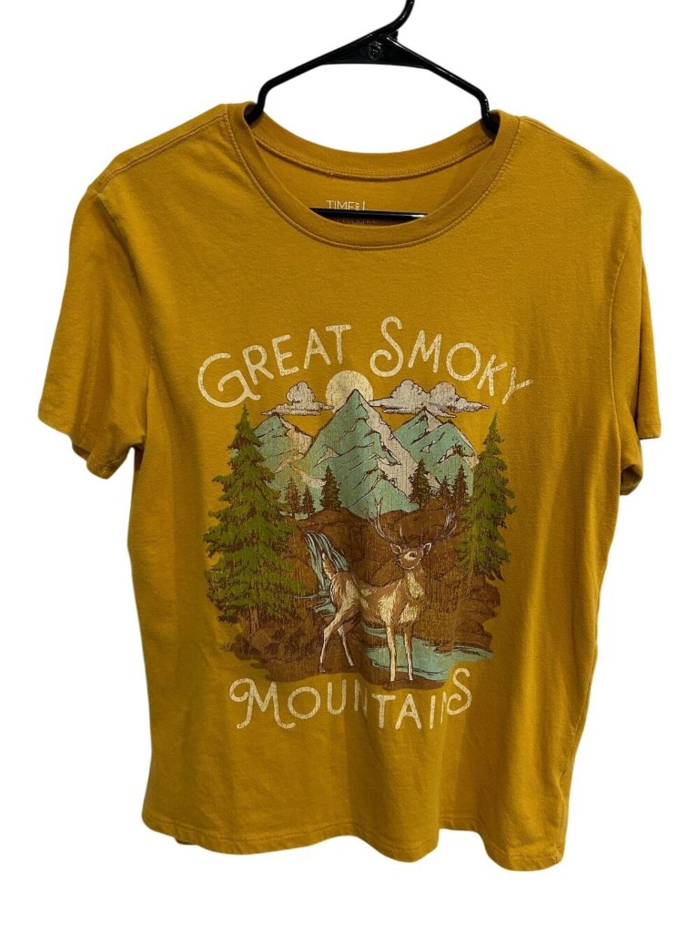 Time and Tru Great Smoky Mountains Small Graphic Tee Mustard Yellow Retro Boho